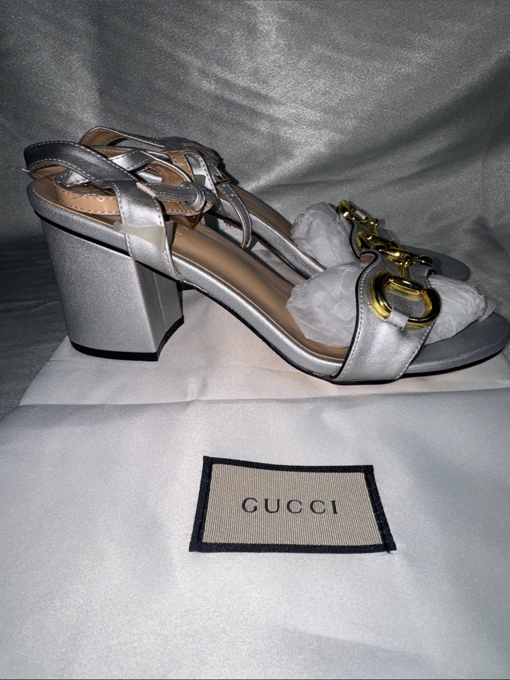 Gucci Silver Leather Slingback Heels with Gold Horsebit🔥New! Size: 40 eur! - Picture 6 of 13